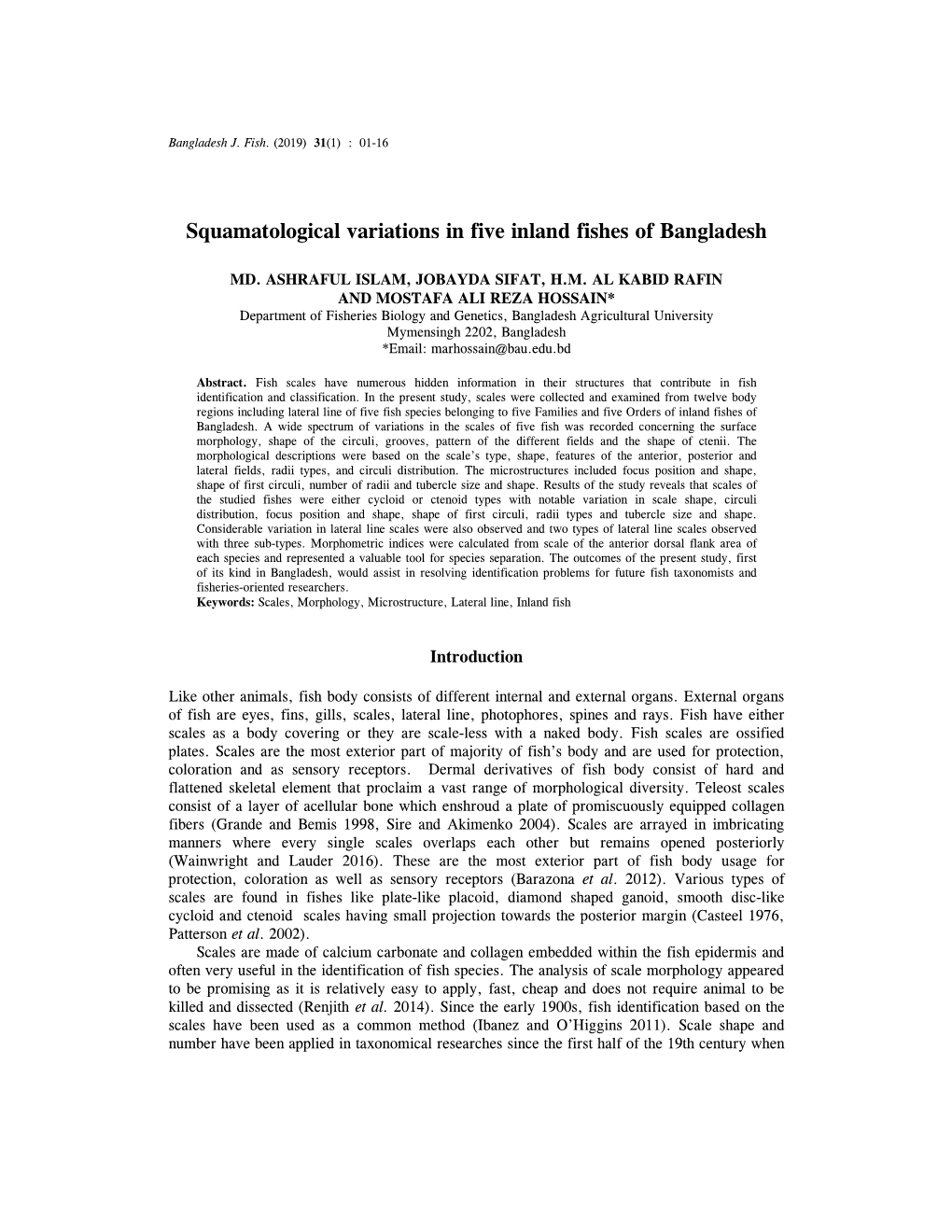Squamatological Variations in Five Inland Fishes of Bangladesh