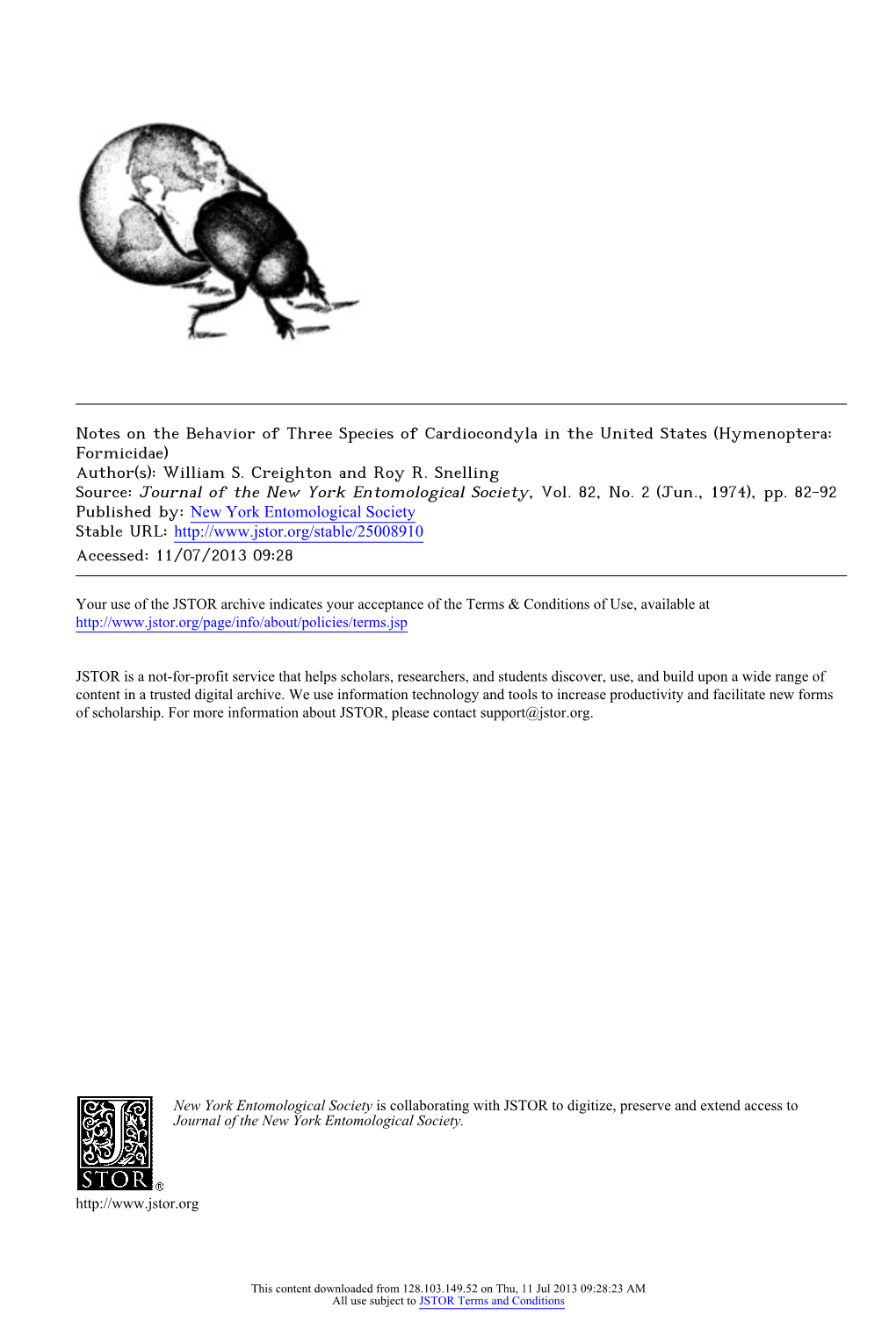 Notes on the Behavior of Three Species of Cardiocondyla in the United States (Hymenoptera: Formicidae) Author(S): William S