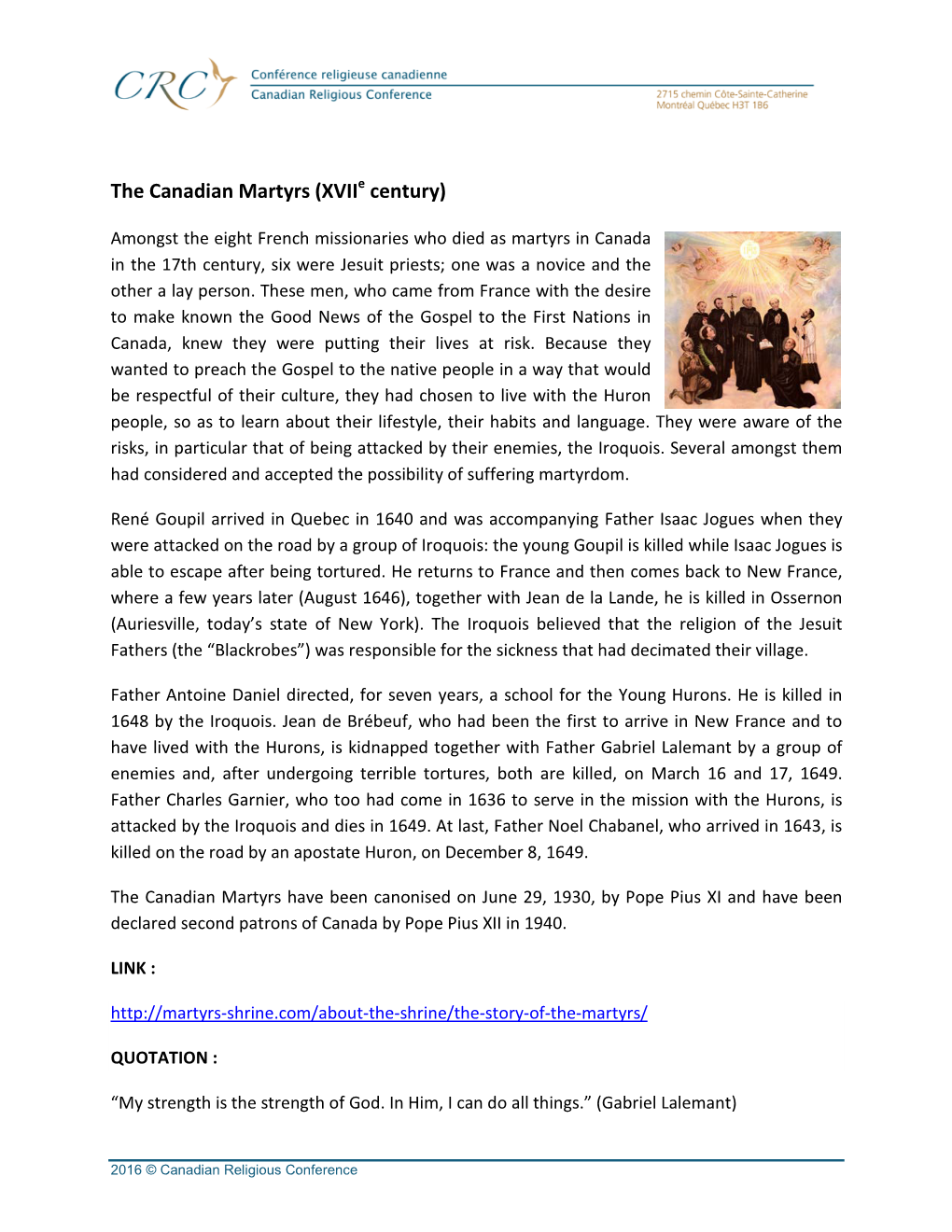 The Canadian Martyrs (Xviie Century)