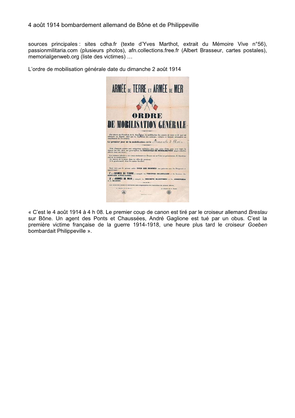 4 Août 1914 Bombardement Allemand De Bône Et De Philippeville