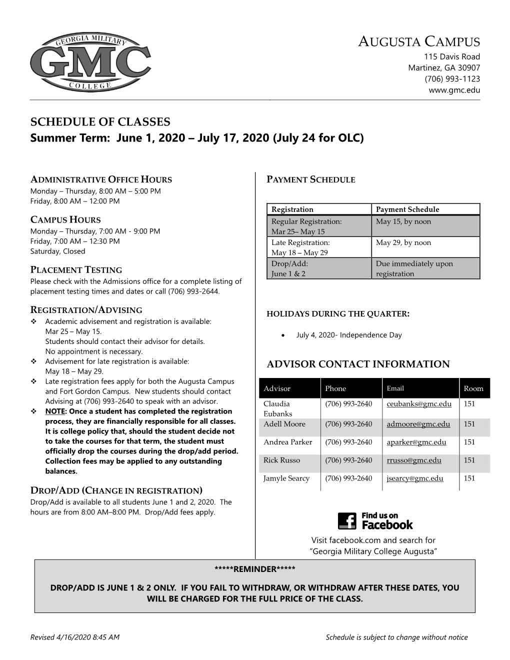 Augusta Campus Schedule Of