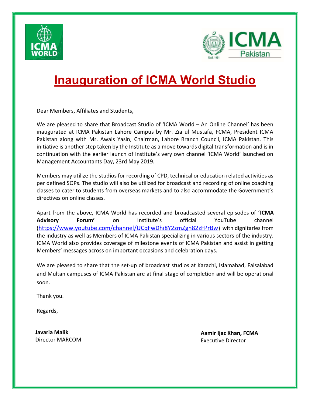 Inauguration of ICMA World Studio