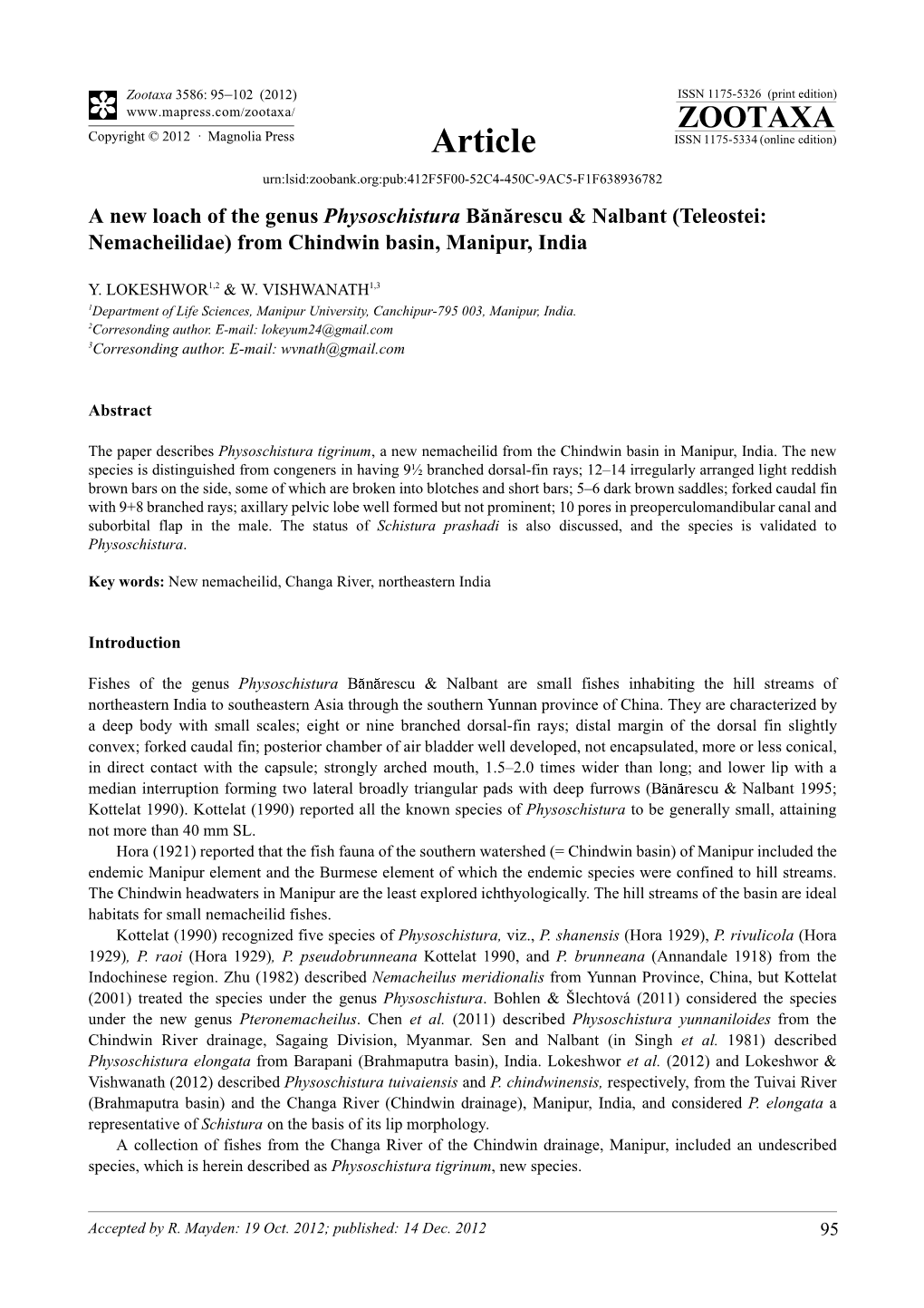 A New Loach of the Genus Physoschistura Bănărescu & Nalbant (Teleostei: Nemacheilidae) from Chindwin Basin, Manipur, India