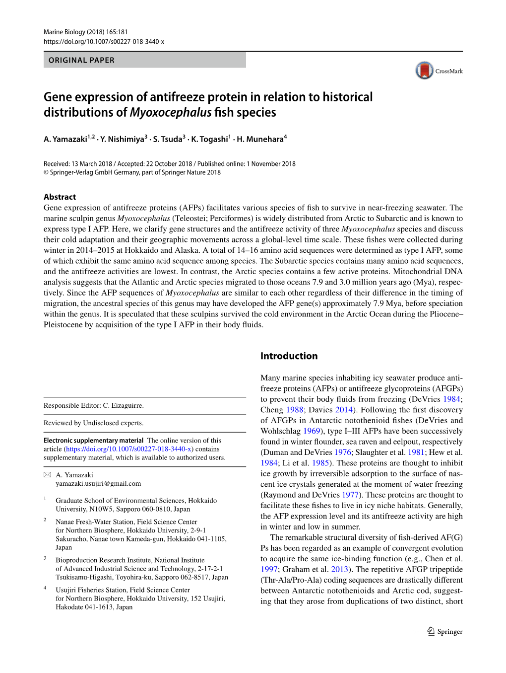 Gene Expression of Antifreeze Protein in Relation to Historical Distributions of Myoxocephalus Fsh Species