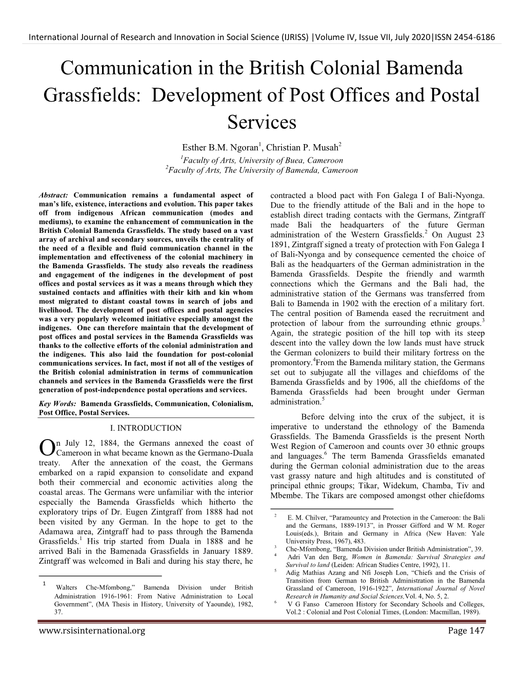 Communication in the British Colonial Bamenda Grassfields: Development of Post Offices and Postal Services