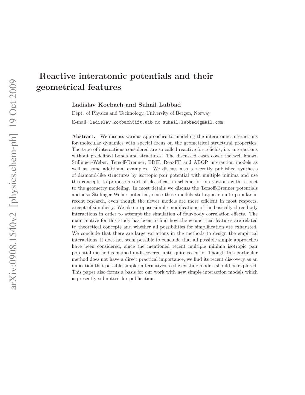 Reactive Interatomic Potentials and Their Geometrical Features