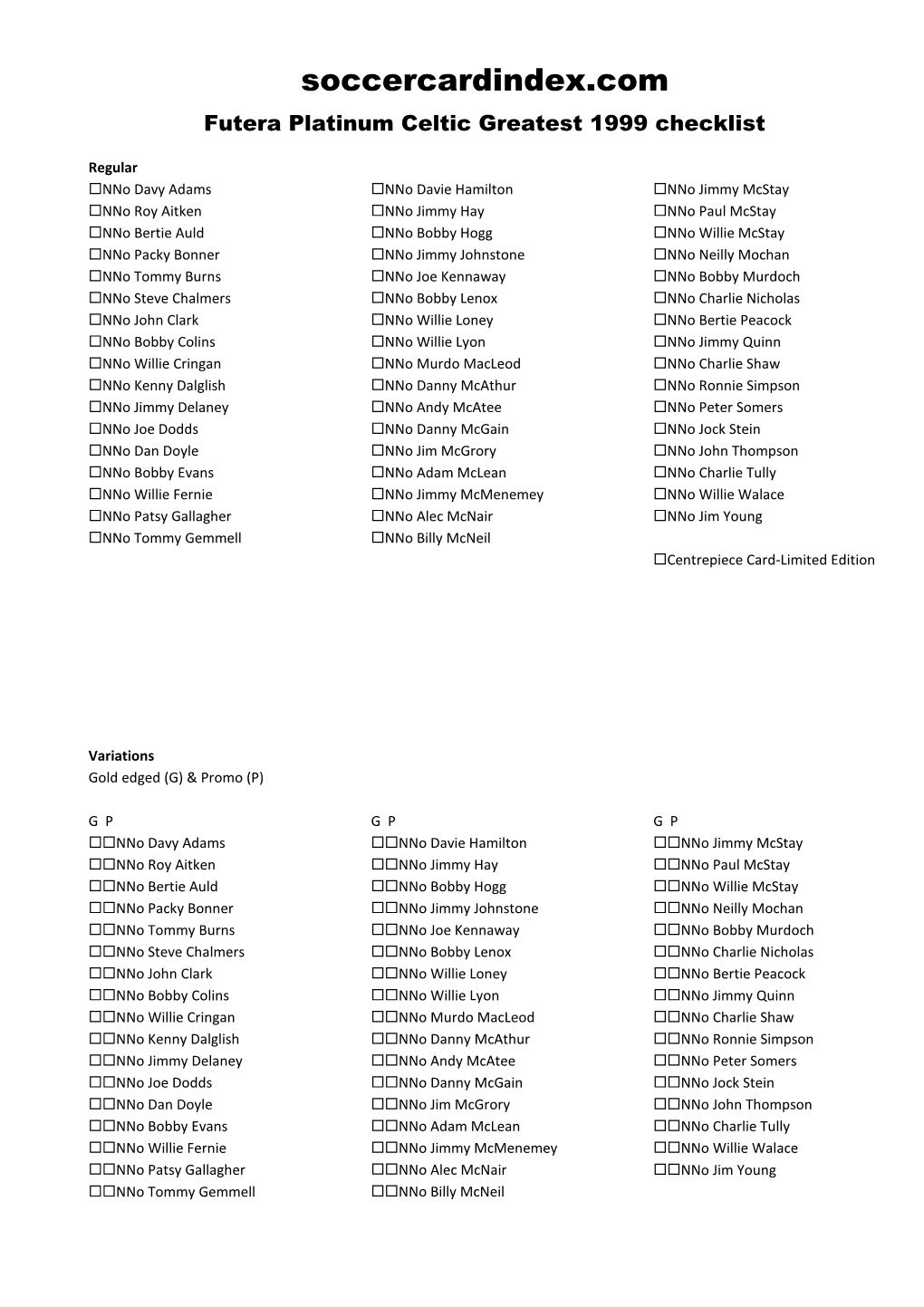 Futera Platinum Celtic Greatest 1999 Checklist