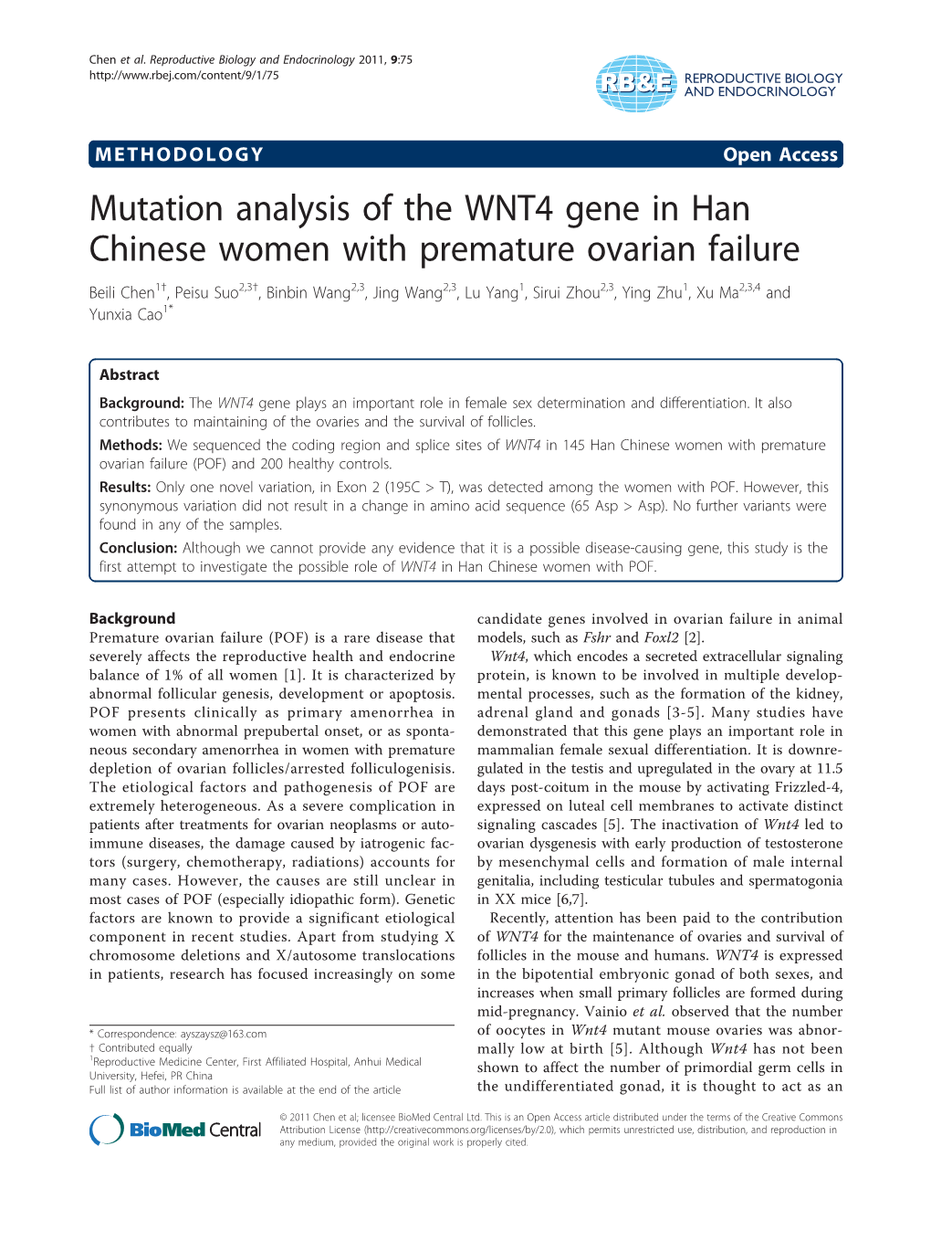 Mutation Analysis of the WNT4 Gene in Han Chinese Women With