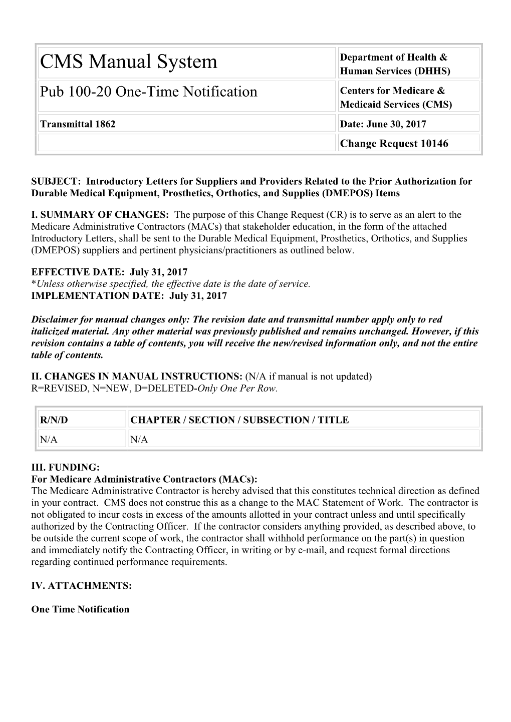 Pub 100-20 One-Time Notification Centers for Medicare & Medicaid Services (CMS) Transmittal 1862 Date: June 30, 2017 Change Request 10146