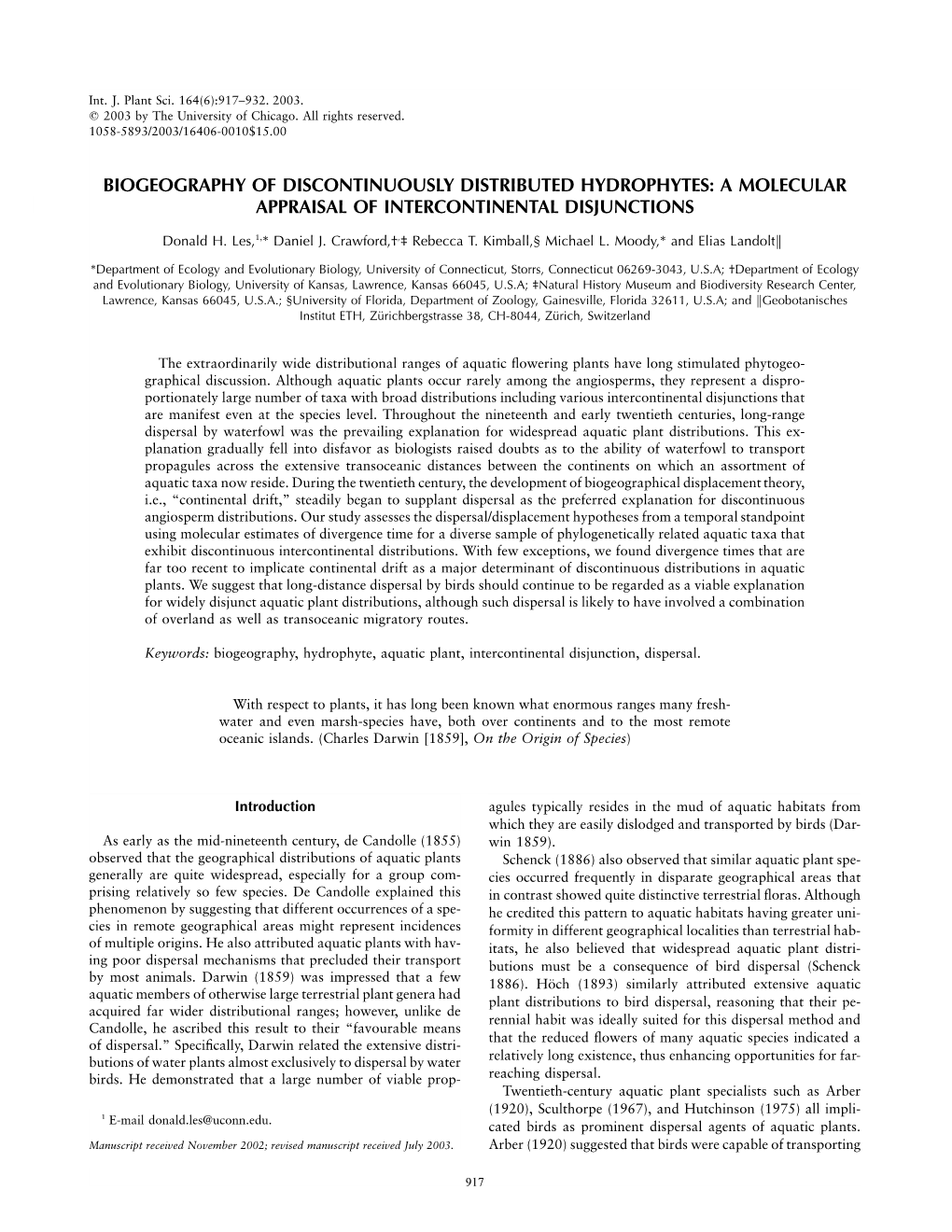 Biogeography of Discontinuously Distributed Hydrophytes: a Molecular Appraisal of Intercontinental Disjunctions