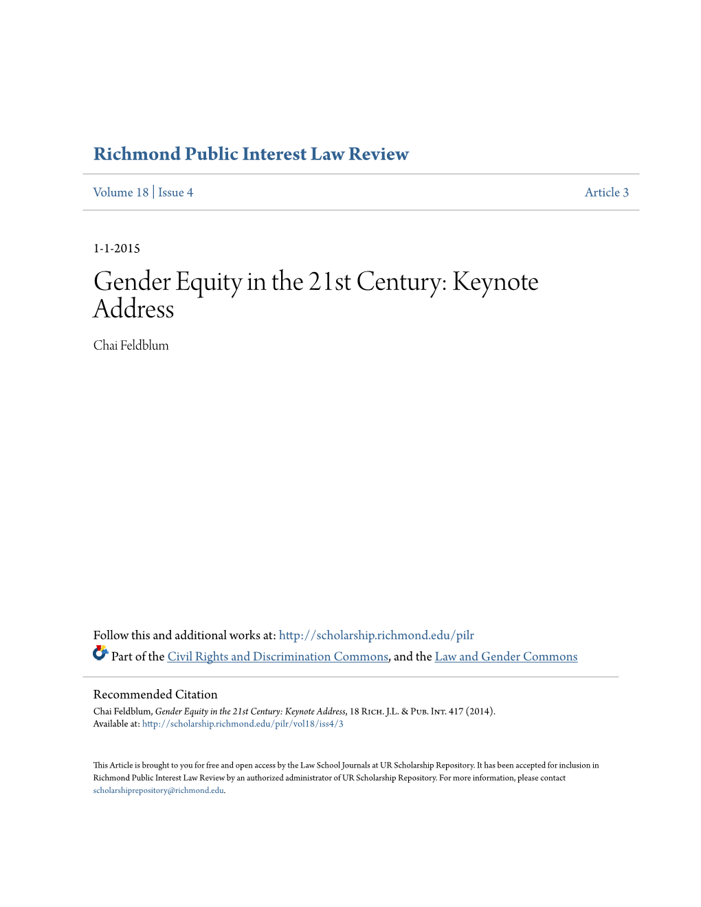 Gender Equity in the 21St Century: Keynote Address Chai Feldblum