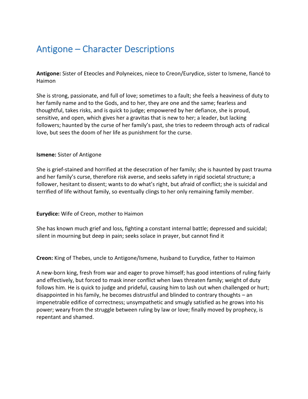 Antigone – Character Descriptions