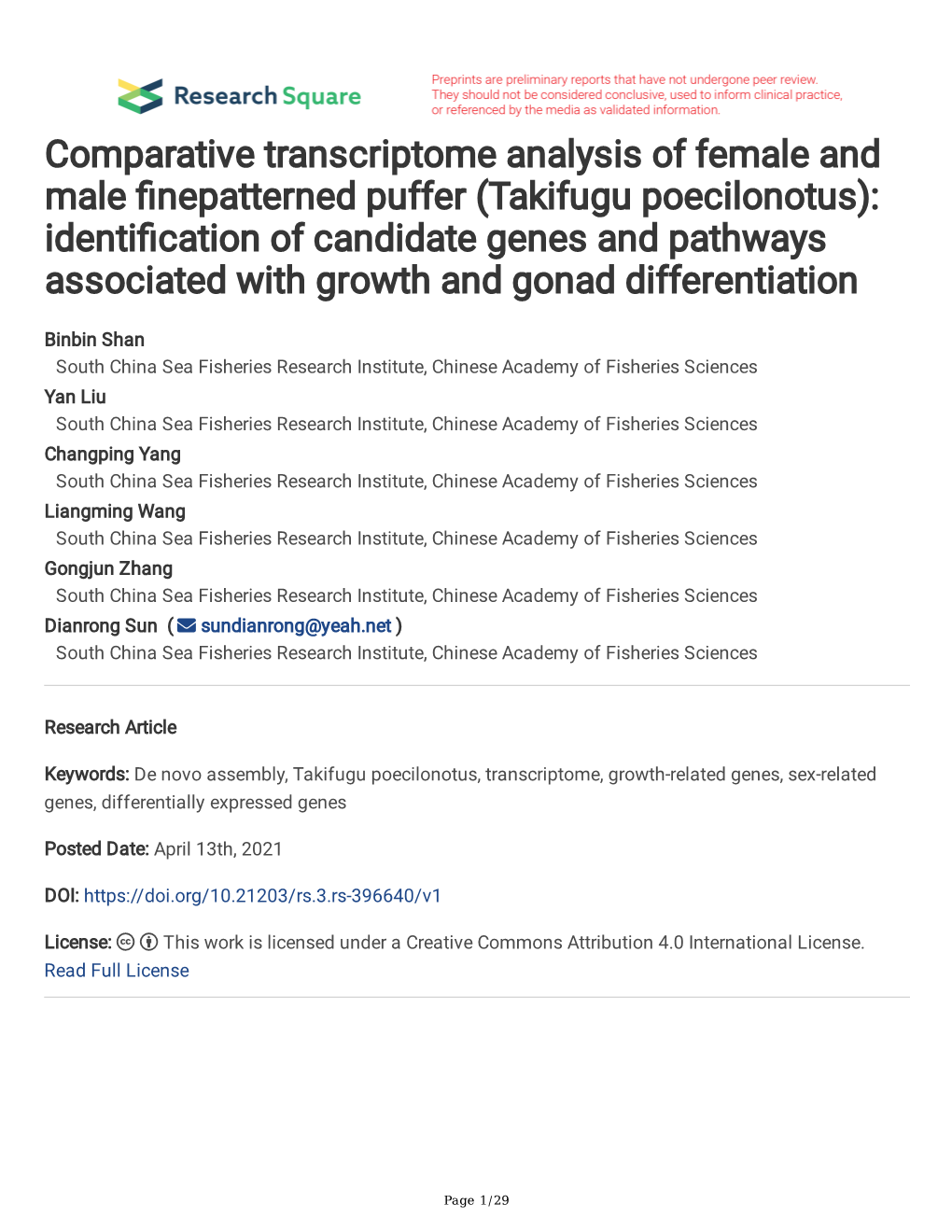 Takifugu Poecilonotus): Identifcation of Candidate Genes and Pathways Associated with Growth and Gonad Differentiation