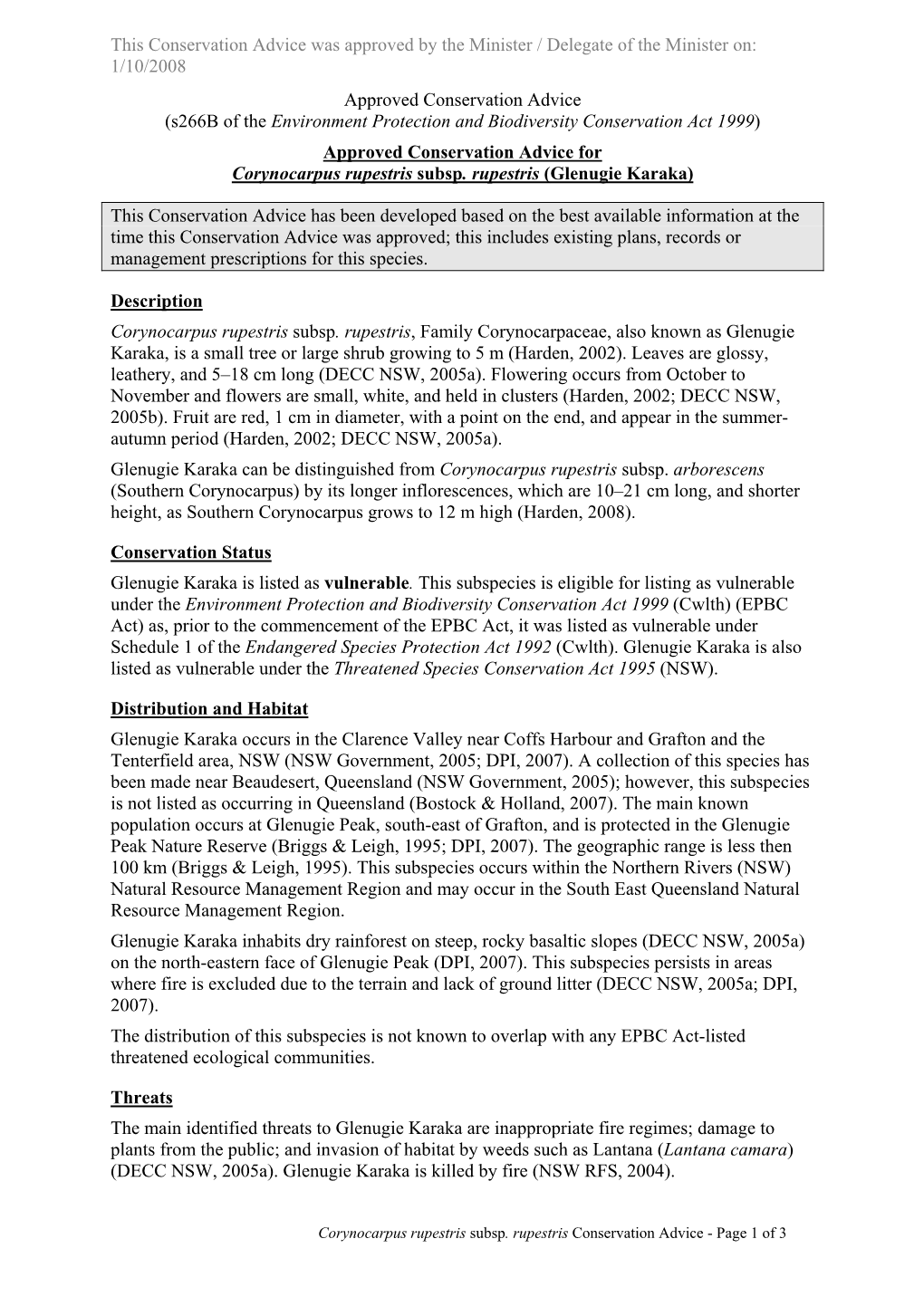 Approved Conservation Advice for Corynocarpus Rupestris Subsp