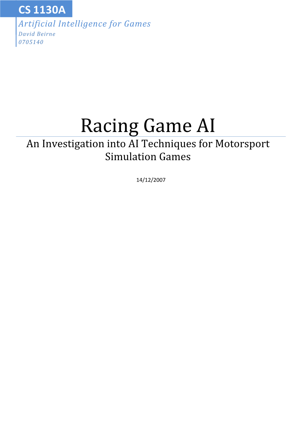 Racing Game AI an Investigation Into AI Techniques for Motorsport Simulation Games