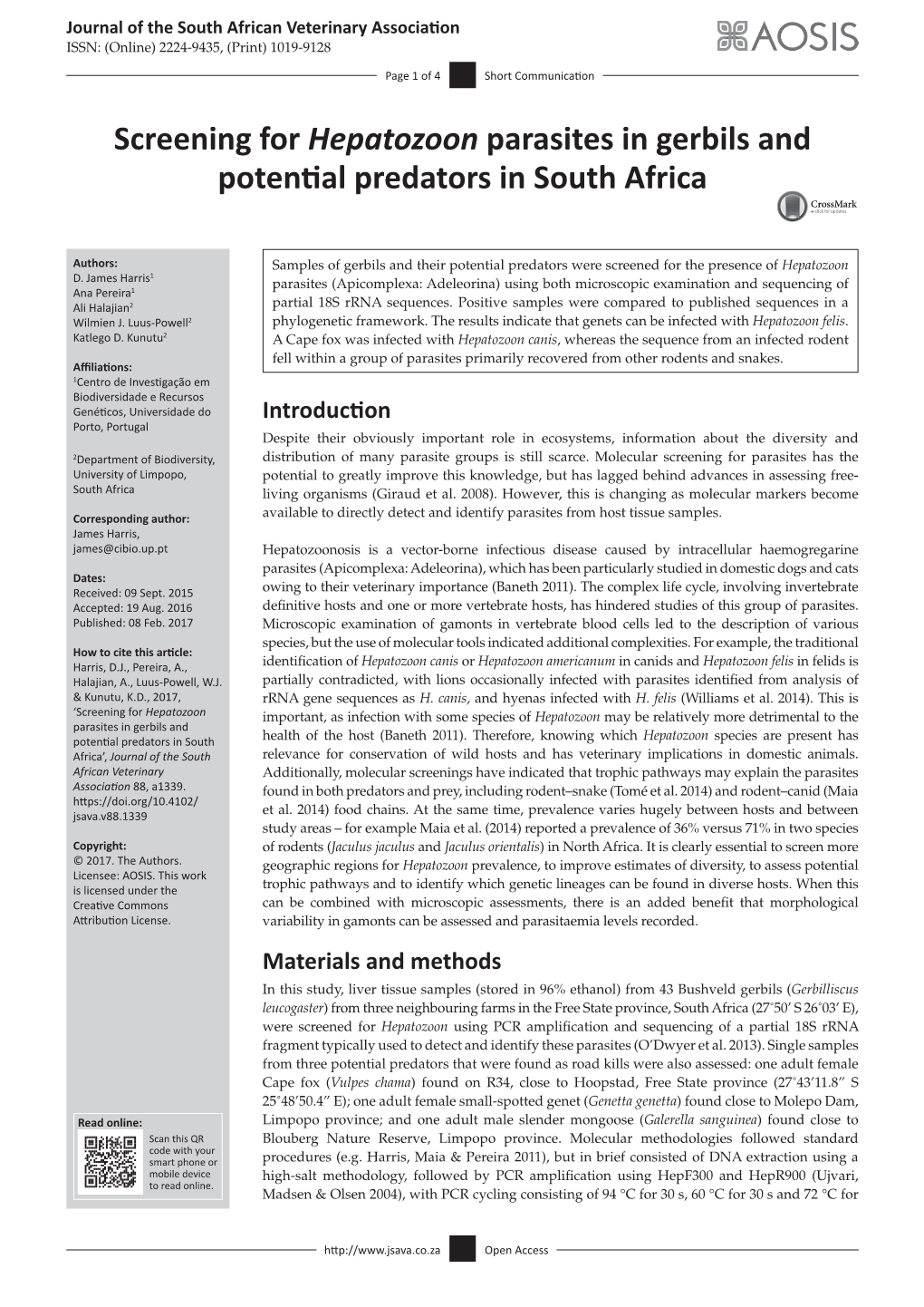 Screening for Hepatozoon Parasites in Gerbils and Potential Predators in South Africa