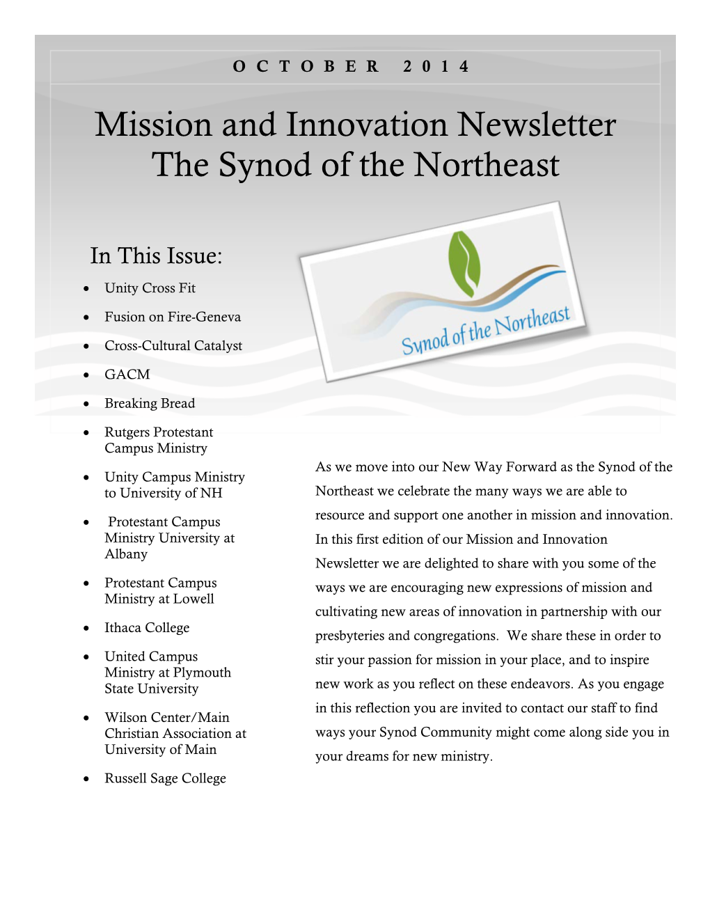 Mission and Innovation Newsletter the Synod of the Northeast