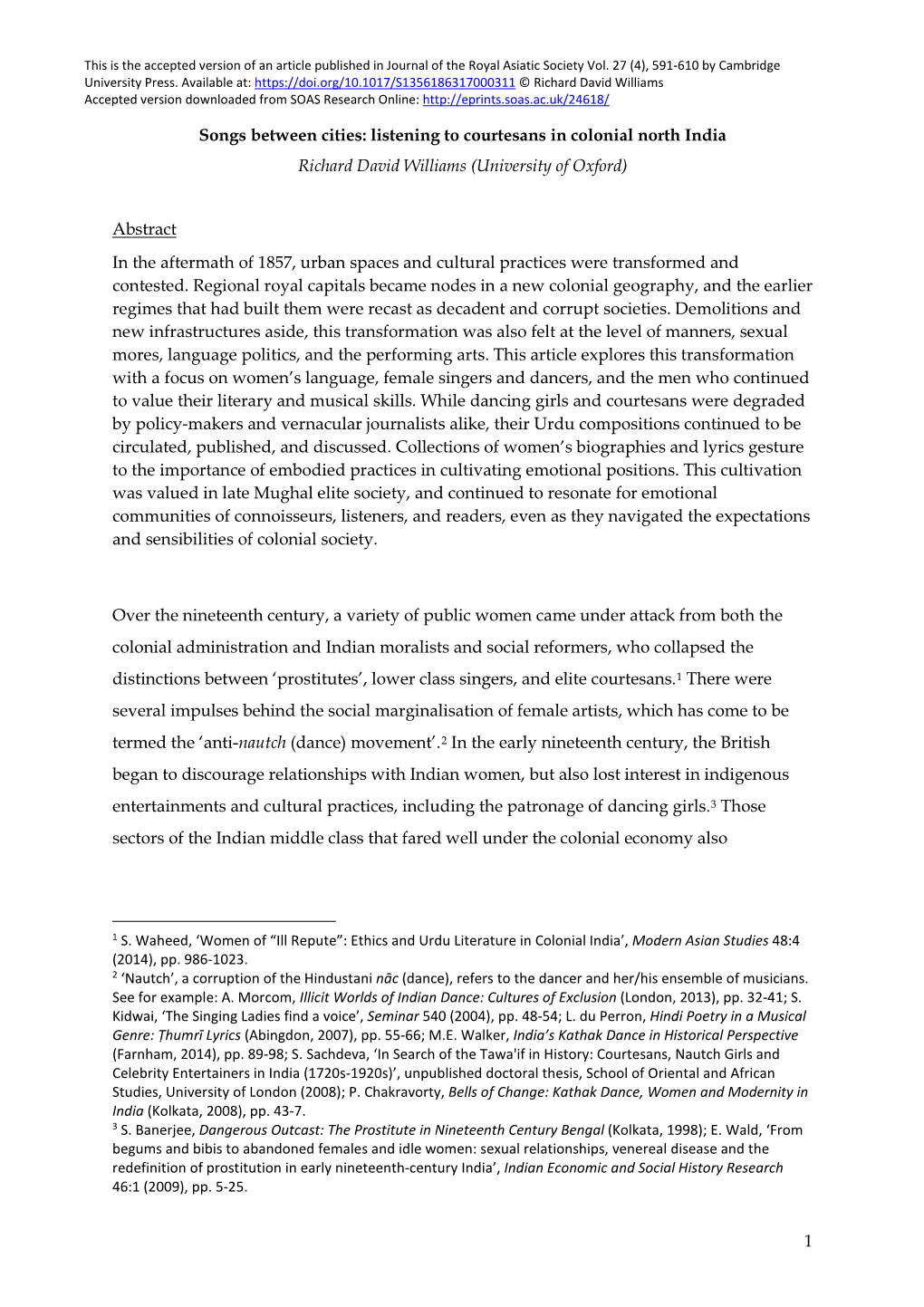 1 Songs Between Cities: Listening to Courtesans in Colonial North India Richard David Williams (University of Oxford) Abstract I