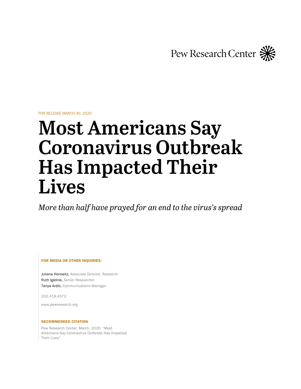 Most Americans Say Coronavirus Outbreak Has Impacted Their Lives