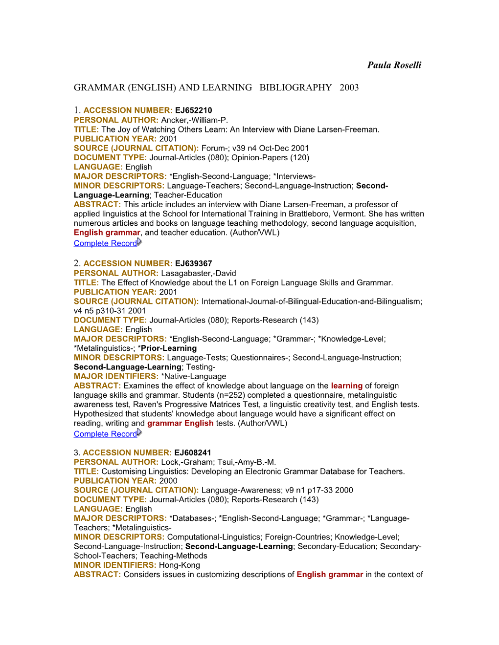 Grammar (English) and Learning Bibliography 2003