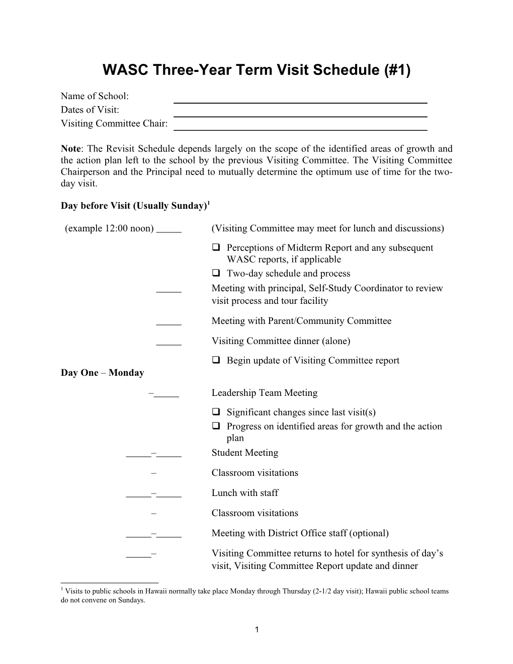 Sample Schedule for Visit s1