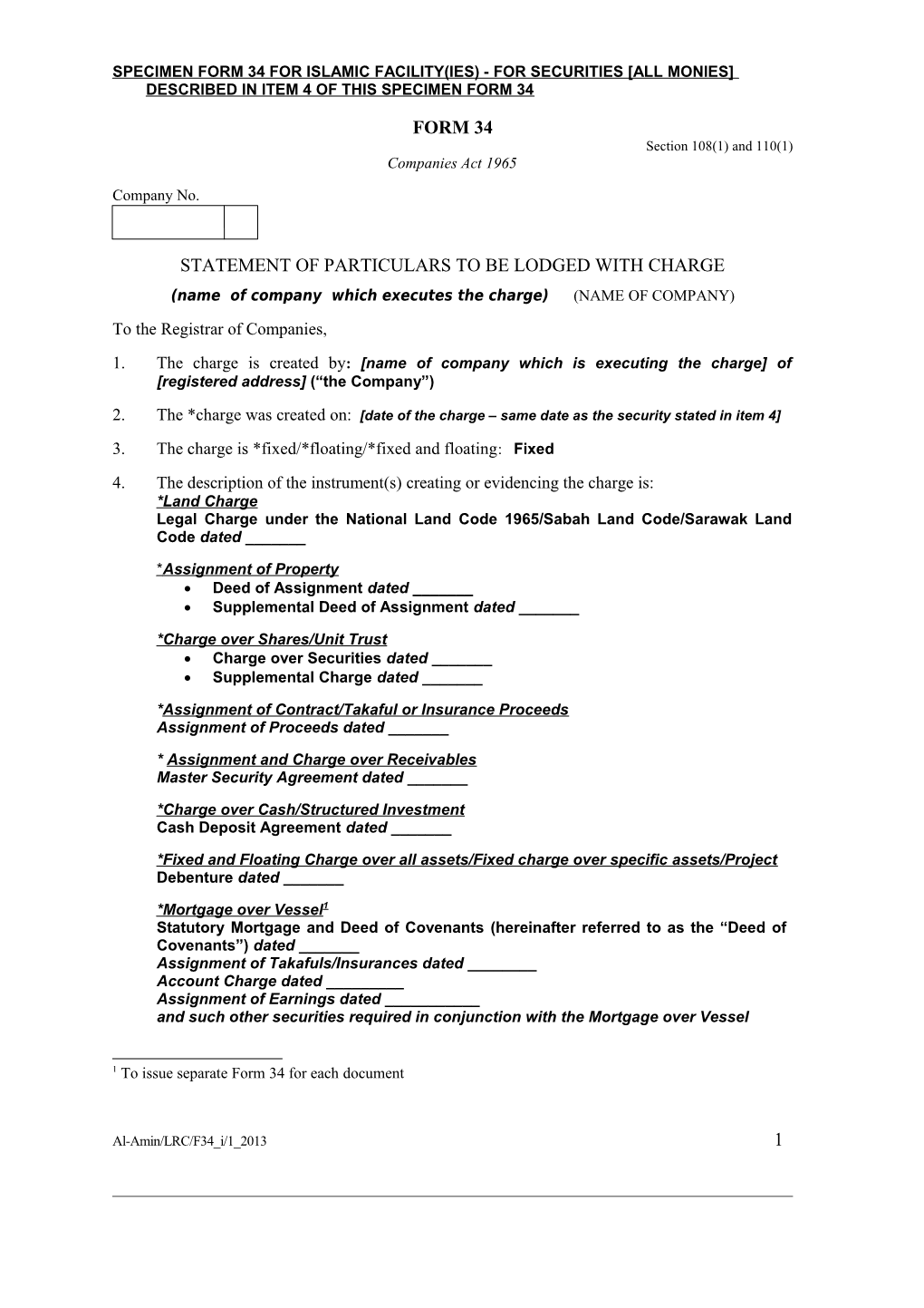 Specimen Form 34 for Islamic Facility(Ies) - for Securities All Monies Described in Item