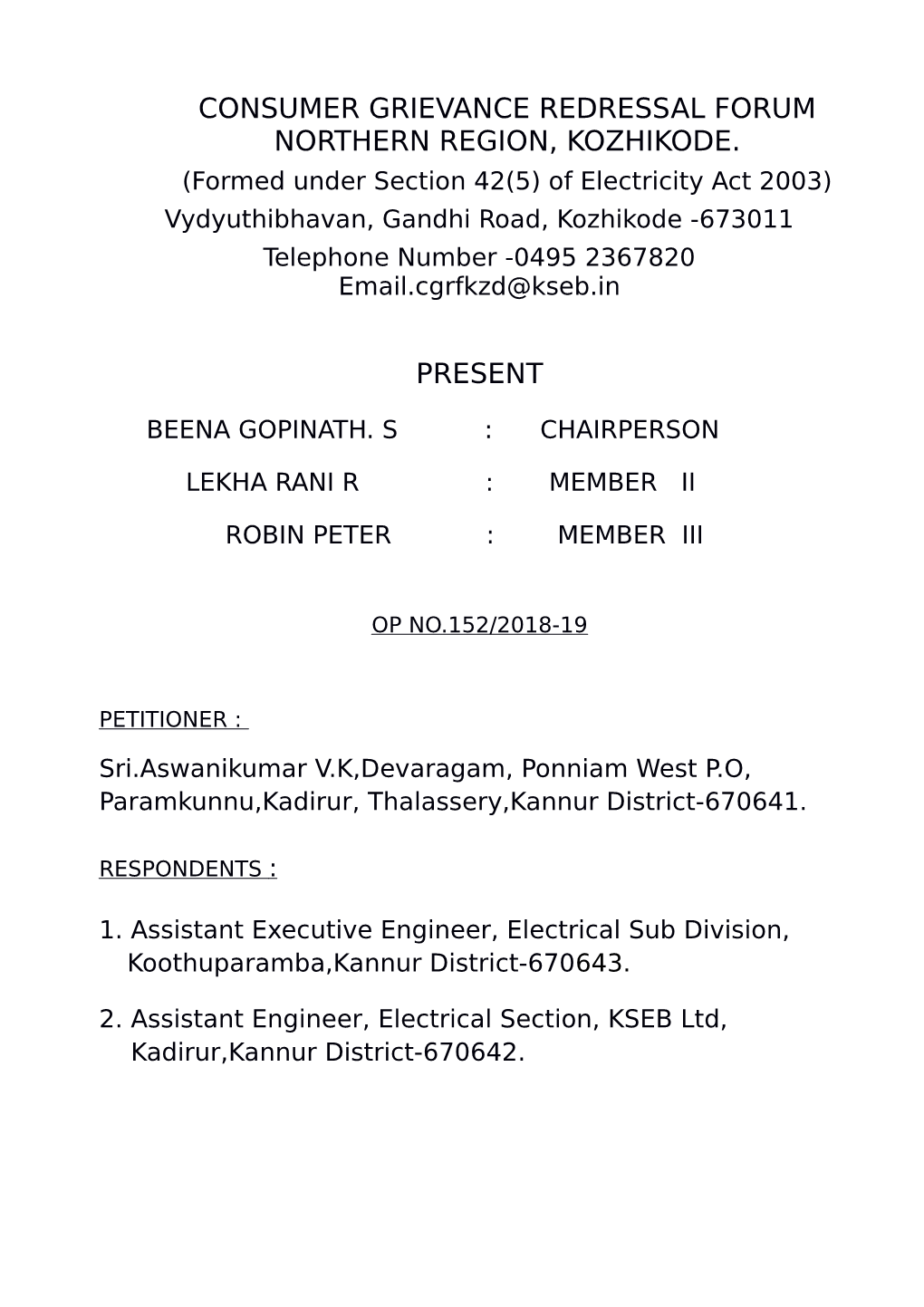 Consumer Grievance Redressal Forum Northern Region, Kozhikode