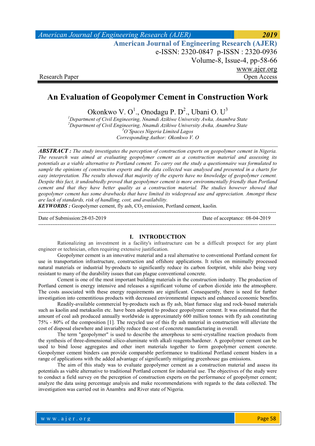 An Evaluation of Geopolymer Cement in Construction Work