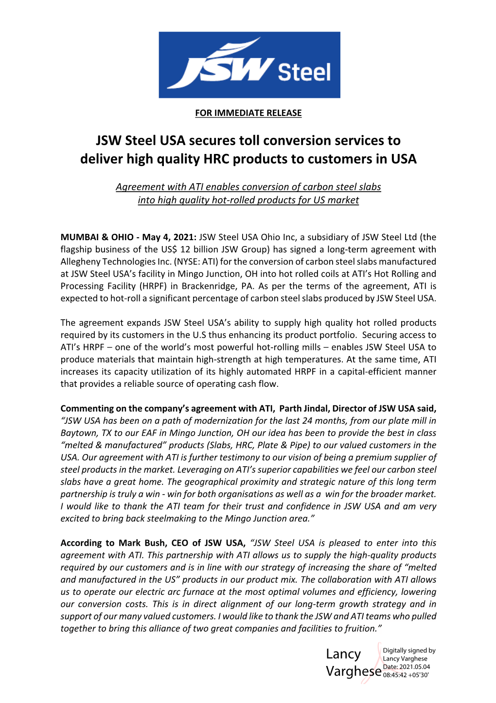 JSW Steel USA Secures Toll Conversion Services to Deliver High Quality HRC Products to Customers in USA