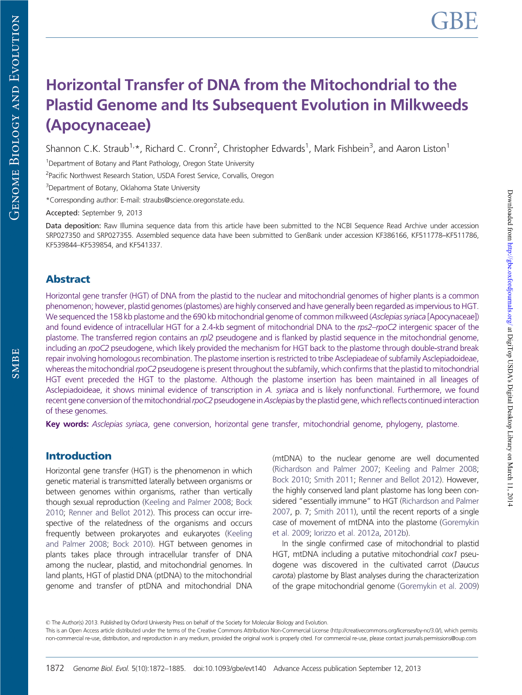 Horizontal Transfer of DNA from the Mitochondrial to the Plastid Genome and Its Subsequent Evolution in Milkweeds (Apocynaceae)