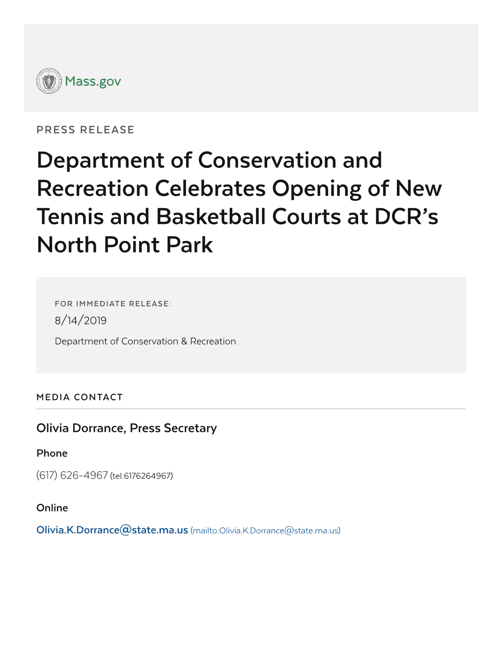 Department of Conservation and Recreation Celebrates Opening of New Tennis and Basketball Courts at DCR’S North Point Park