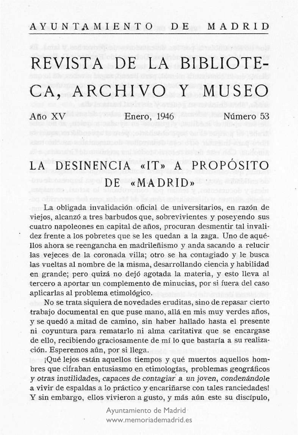 Revista De La Bibliote- Ca, Archivo Y Museo