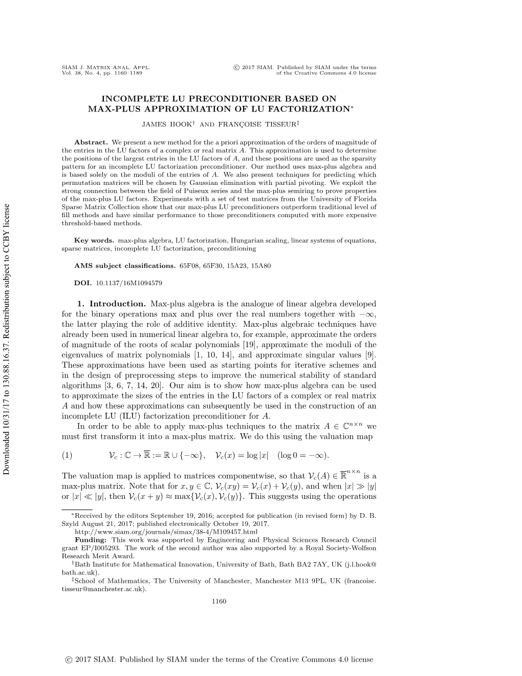 Incomplete Lu Preconditioner Based on Max-Plus Approximation of Lu Factorization∗