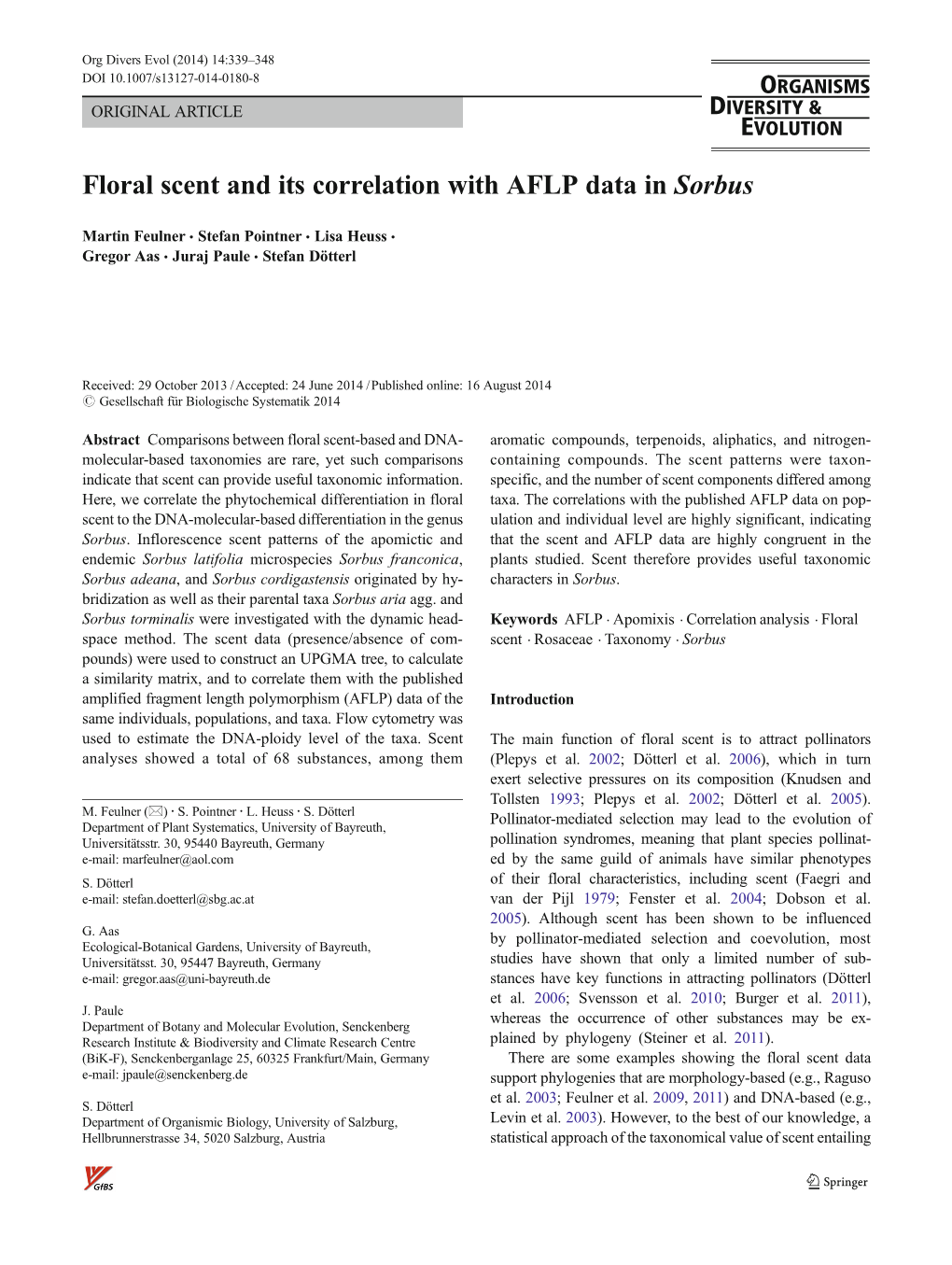 Floral Scent and Its Correlation with AFLP Data in Sorbus