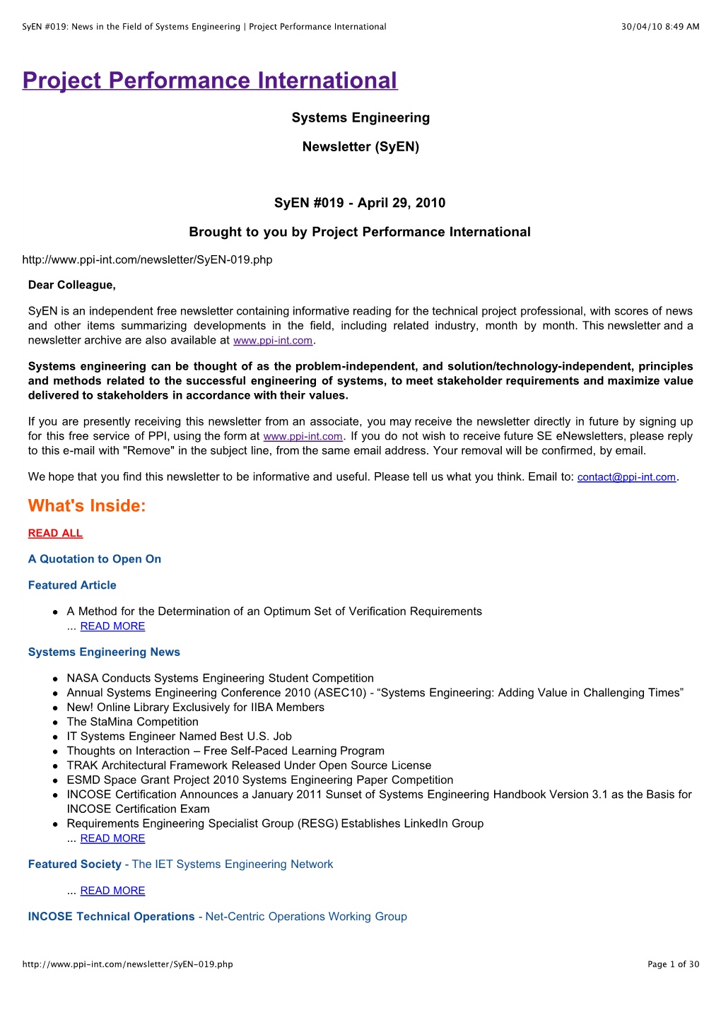 Syen #019: News in the Field of Systems Engineering | Project Performance International 30/04/10 8:49 AM