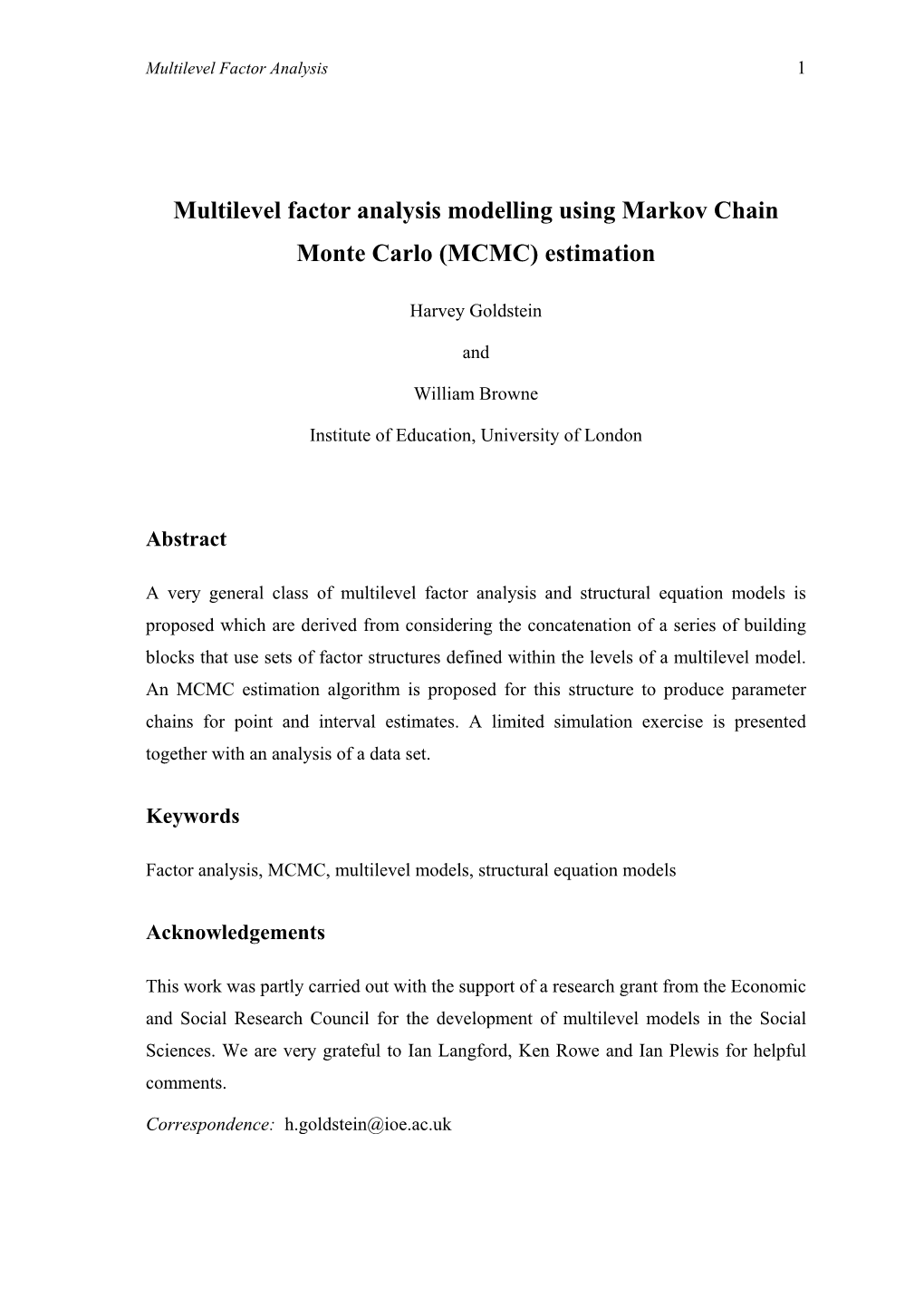 Multilevel Factor Analysis Via MCMC Estimation