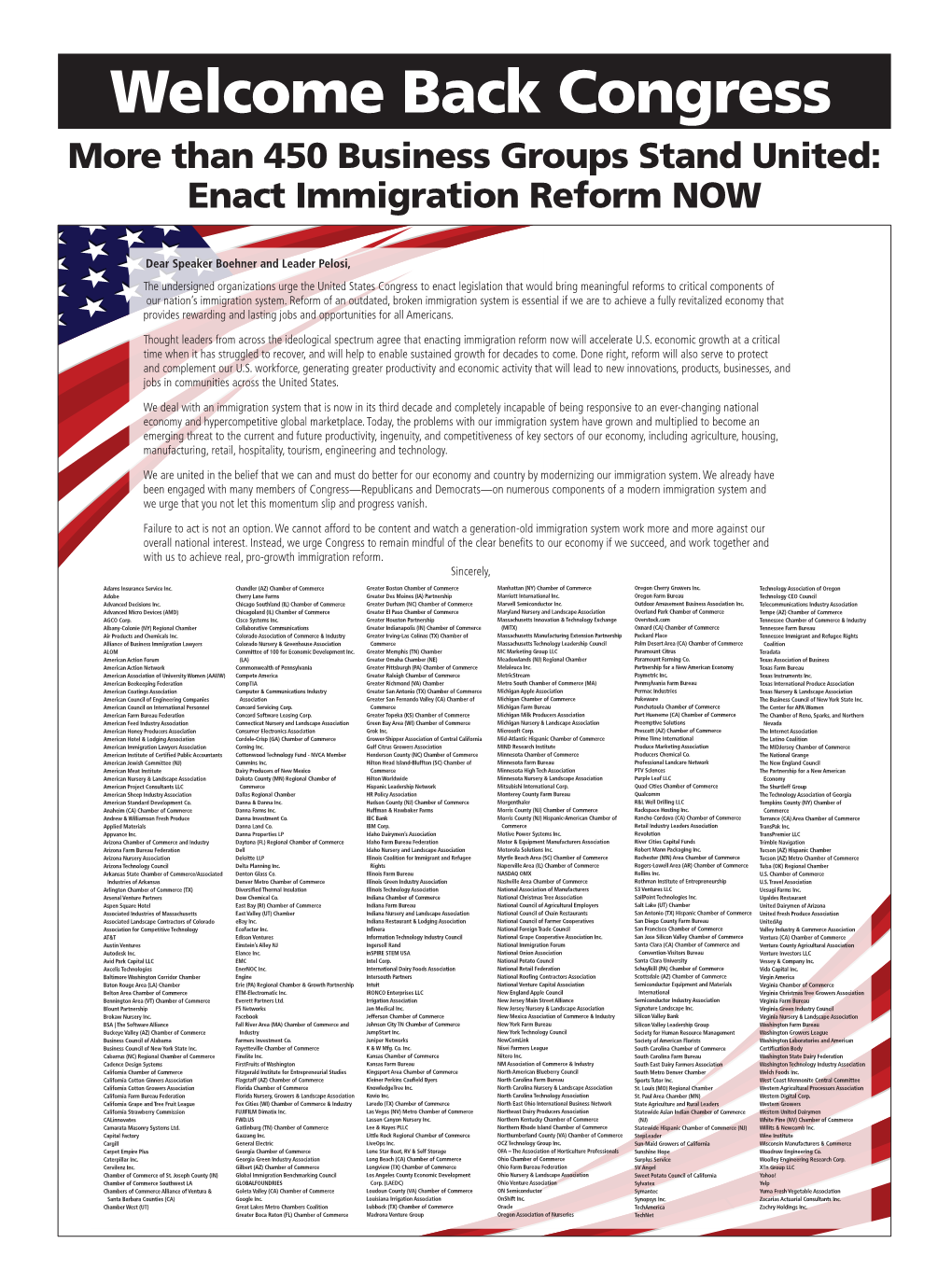 Back Congress More Than 450 Business Groups Stand United: Enact Immigration Reform NOW