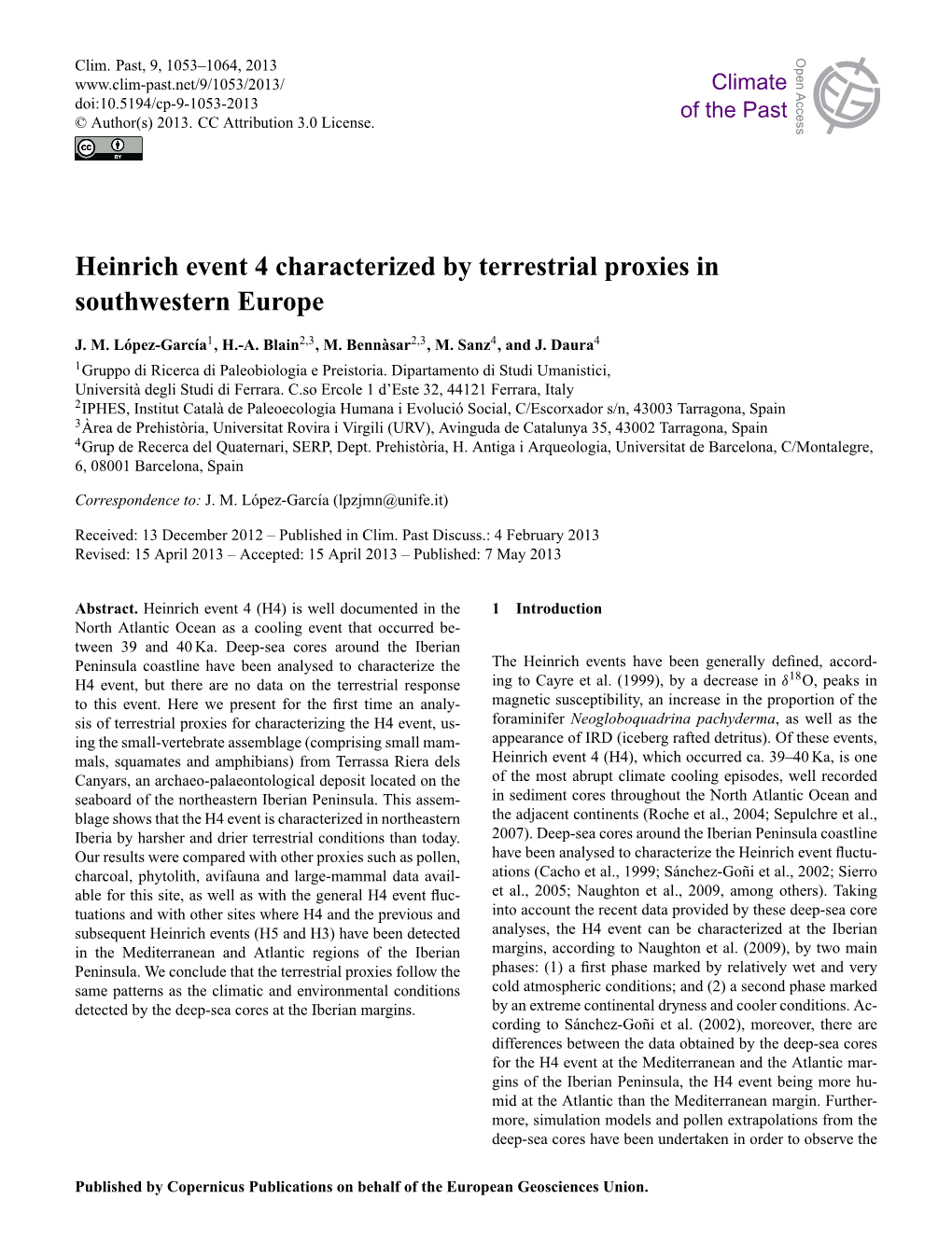 Heinrich Event 4 Characterized by Terrestrial Proxies in Southwestern Europe