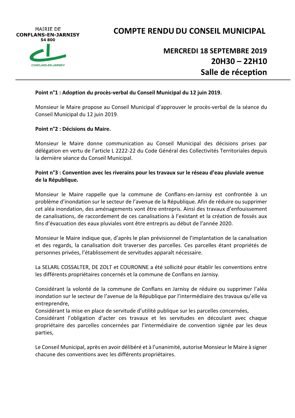 COMPTE RENDUDU CONSEIL MUNICIPAL 20H30 – 22H10 Salle