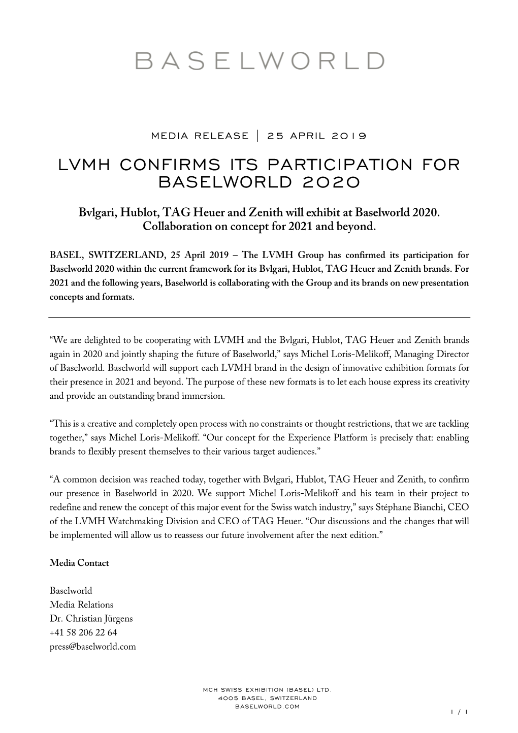 Lvmh Confirms Its Participation for Baselworld 2020