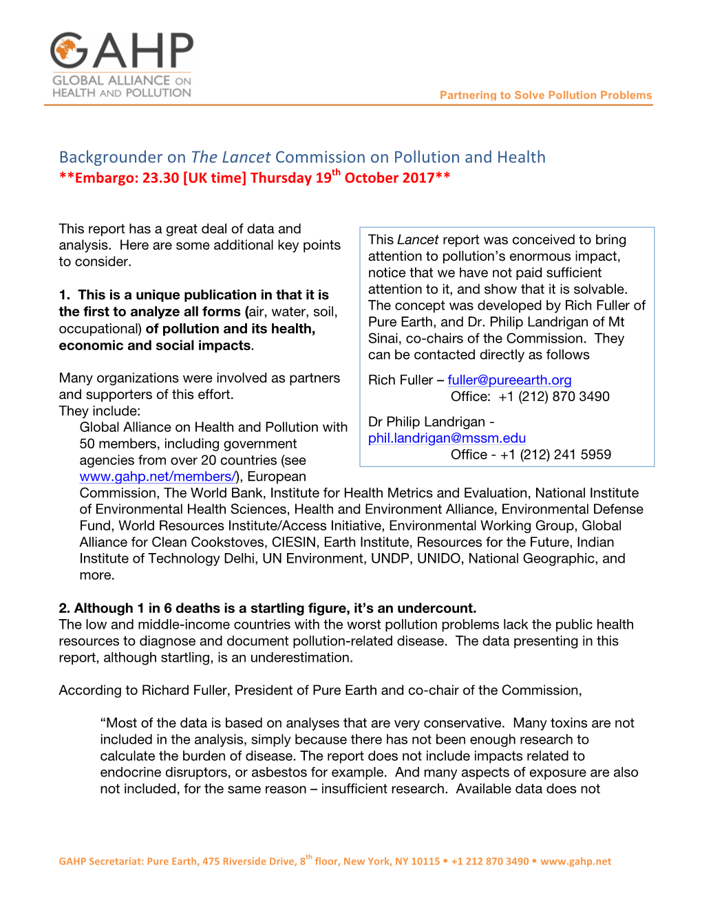Backgrounder on the Lancet Commission on Pollution and Health **Embargo: 23.30 [UK Time] Thursday 19Th October 2017**