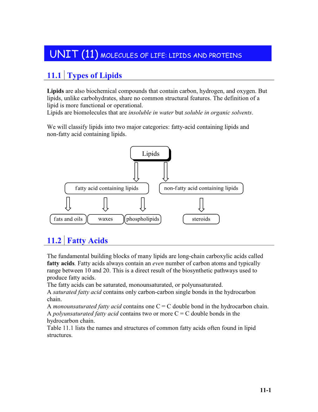 Unit (11) Molecules of Life: Lipids and Proteins