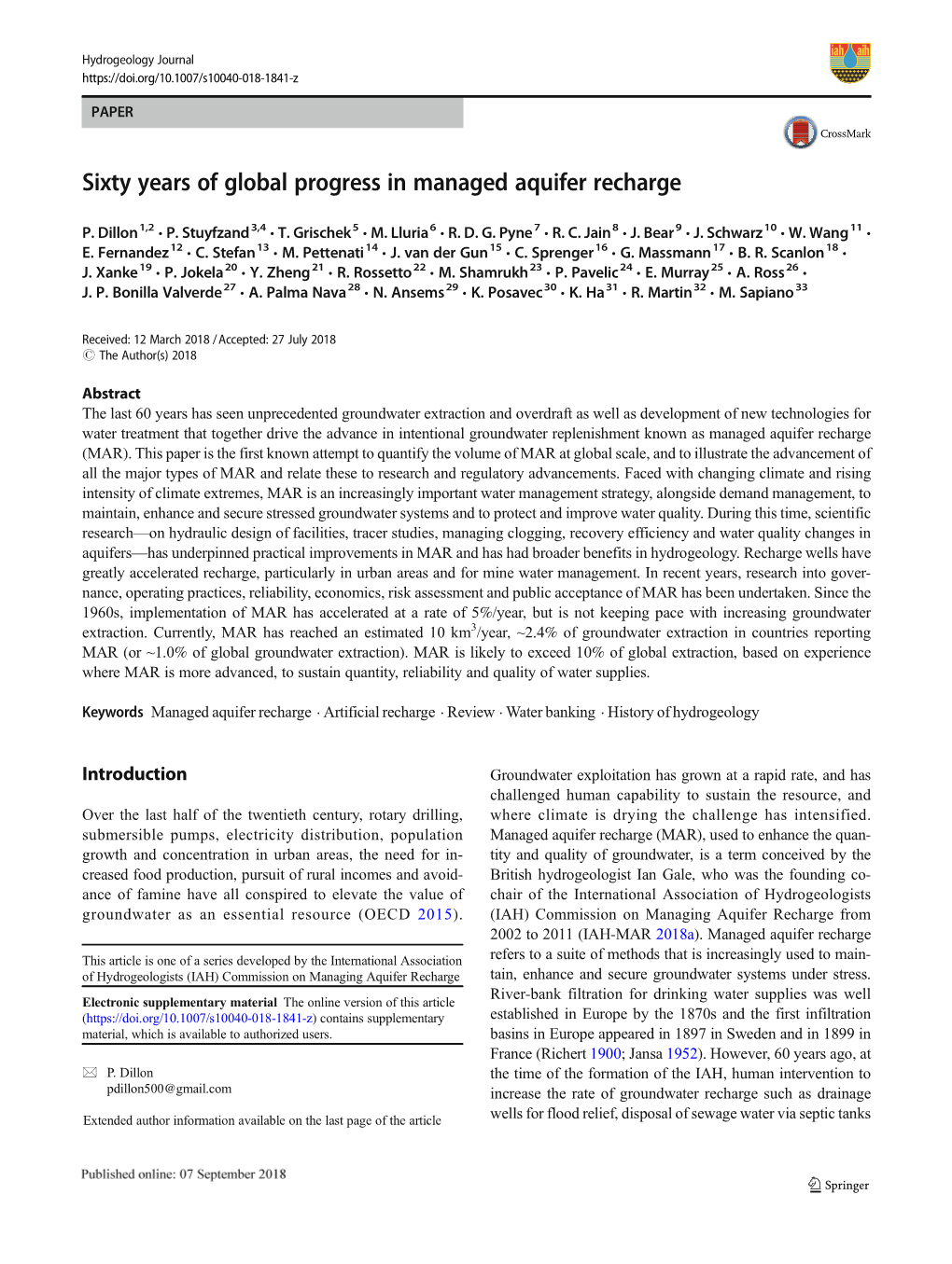 Sixty Years of Global Progress in Managed Aquifer Recharge