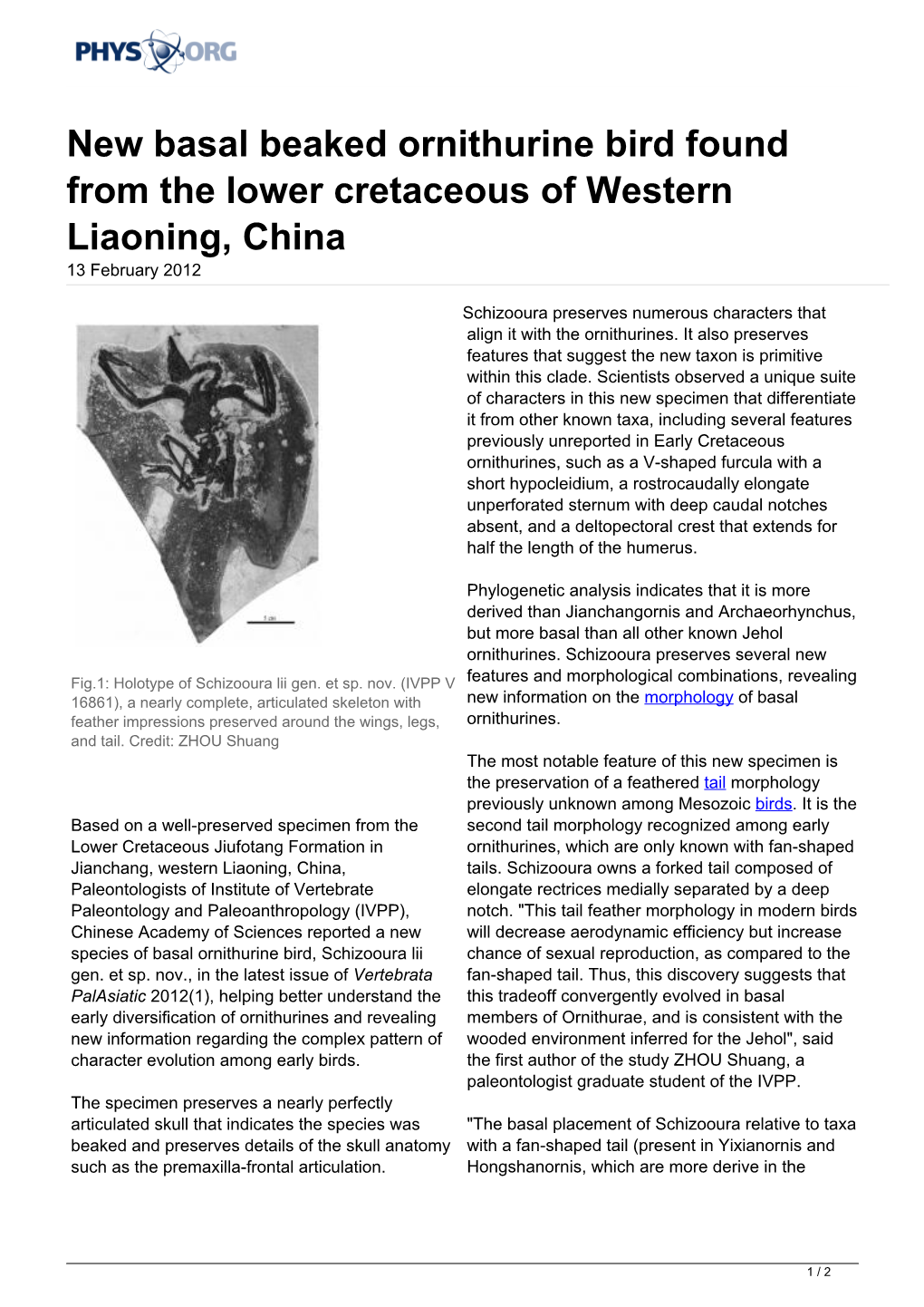 New Basal Beaked Ornithurine Bird Found from the Lower Cretaceous of Western Liaoning, China 13 February 2012