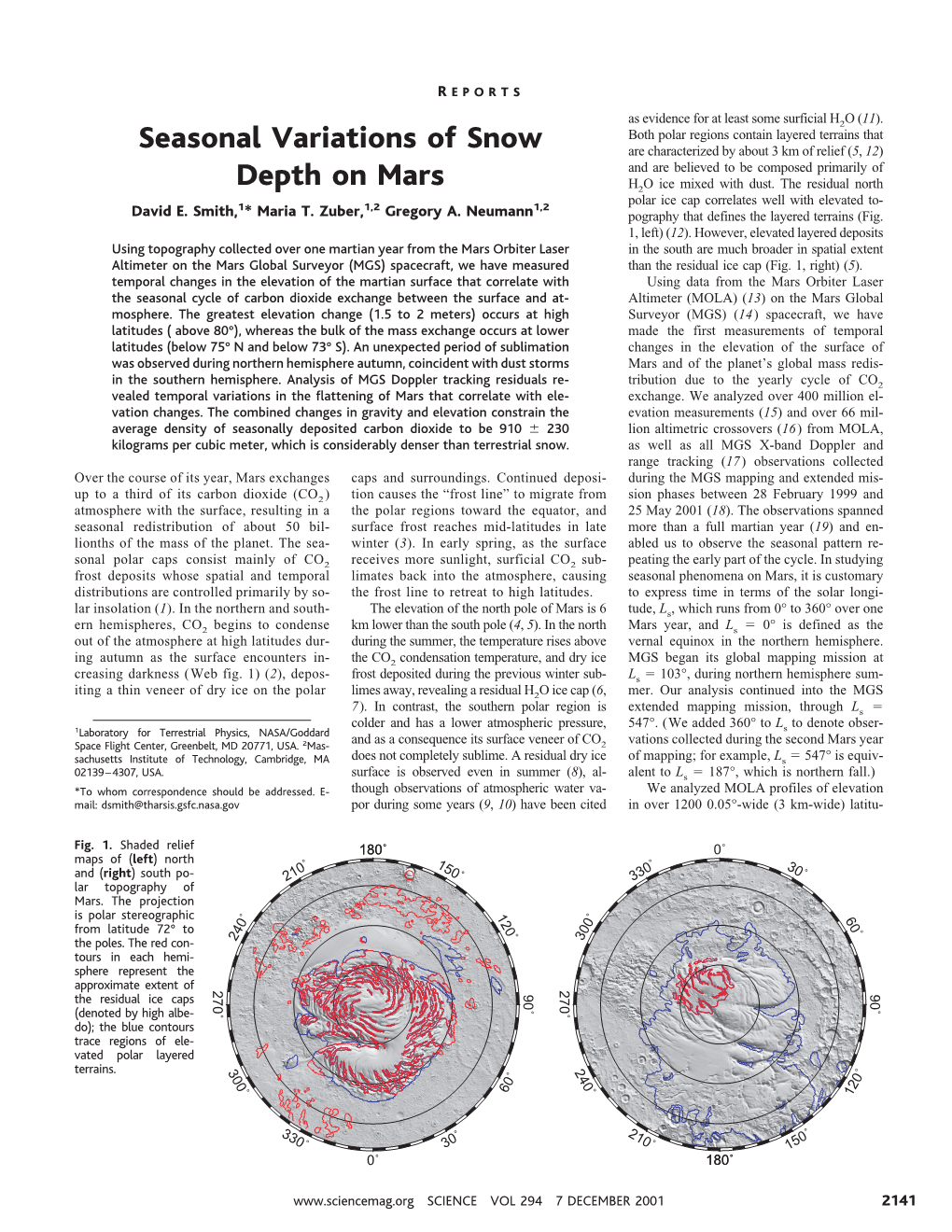 Seasonal Variations of Snow Depth on Mars