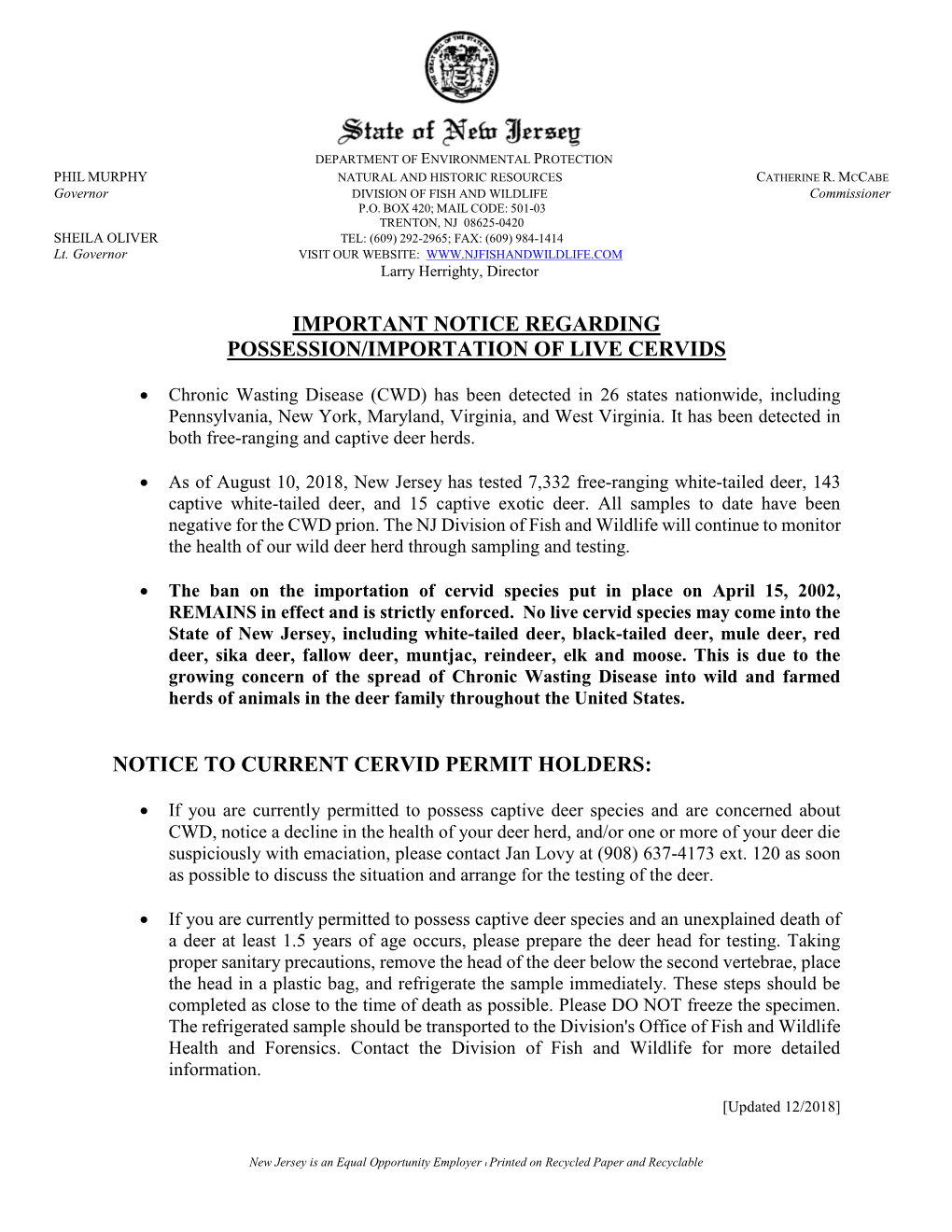 Notice Regarding Possession/Importation of Live Cervids