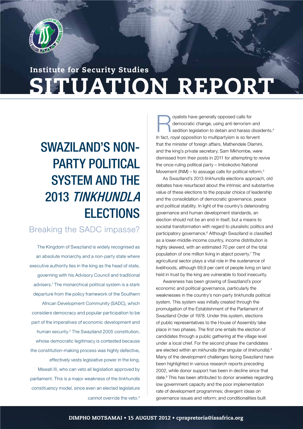 Swaziland's Non-Party Political System and the 2013 Tinkhundla