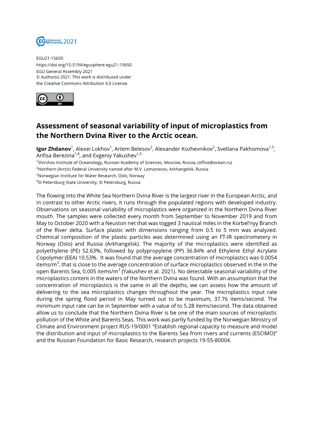 Assessment of Seasonal Variability of Input of Microplastics from the Northern Dvina River to the Arctic Ocean