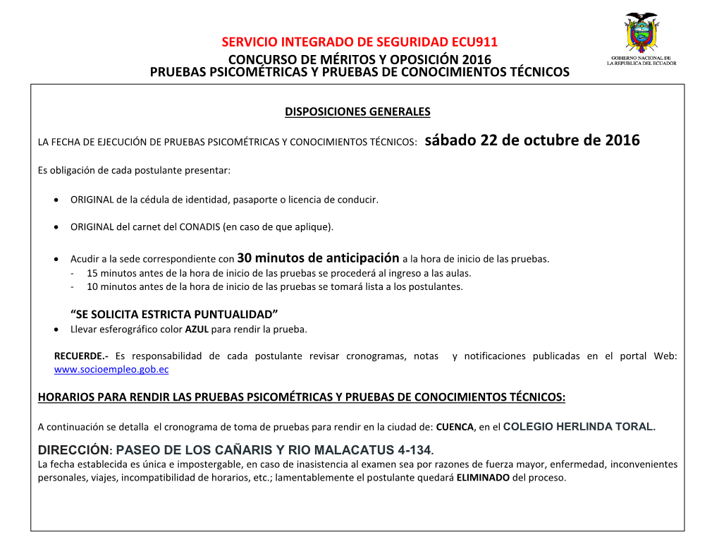 Concurso De Méritos Y Oposición 2016 Pruebas Psicométricas Y Pruebas De Conocimientos Técnicos