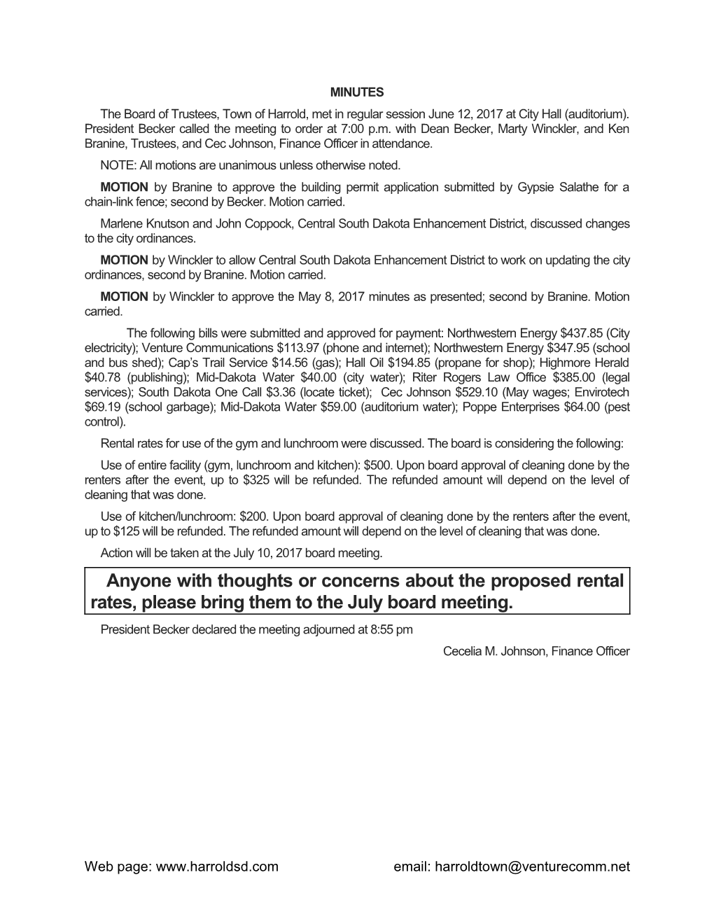 The Board of Trustees, Town of Harrold, Met in Regular Session April 1, 2002 at 7:00 P